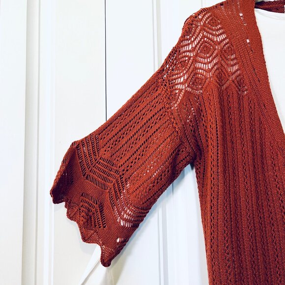 Hippie Rose Pointelle Open Front Cardigan Sweater in Rust/Barn Red (M) New w/tag - Picture 4 of 11
